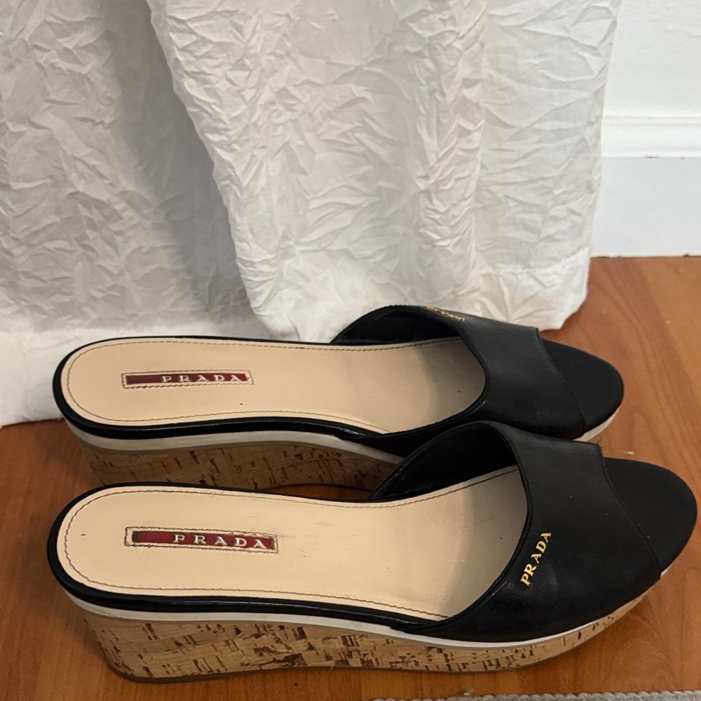 Prada Black Leather Wedge Slides